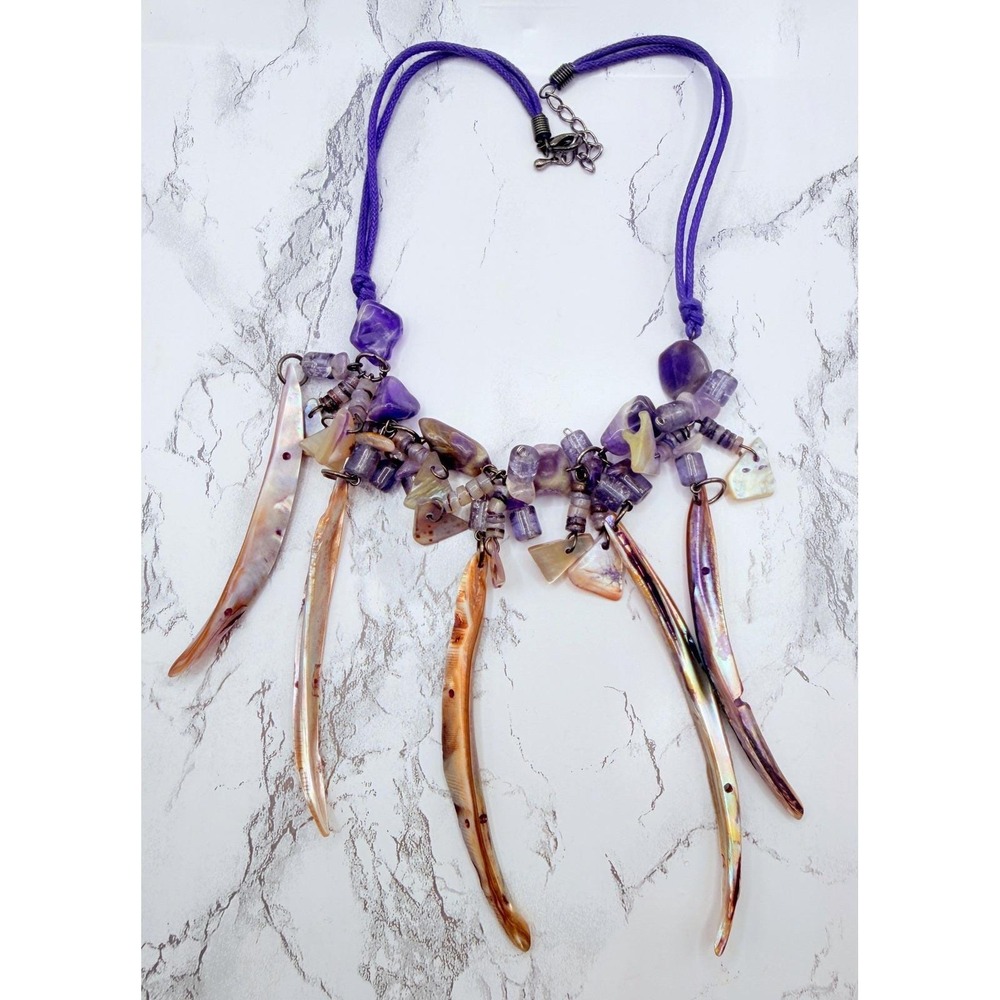 Boho Tribal Purple Natural Stone Glass Tooth Fringe Necklace Double Cord 17"